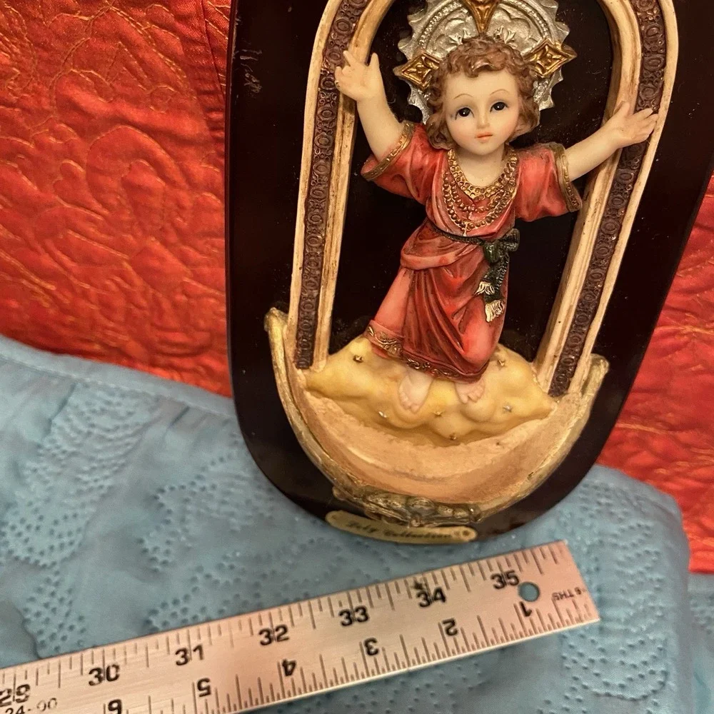 Divine Child Jesus Sacred Heart Holy‎ Water Wall Font VTG  Resin Mounted On Wood